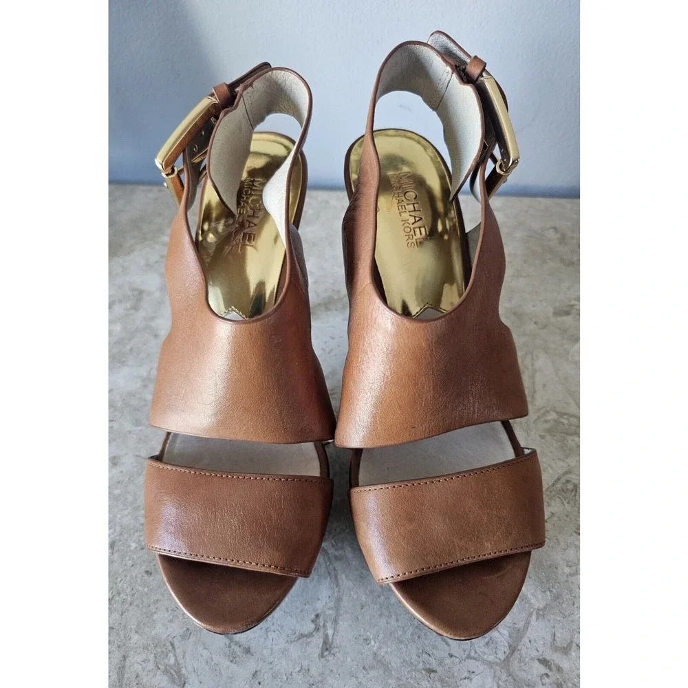 Michael Kors Womens Size 8 Luggage Tan Leather Open Toe Slingback Cone Heels - Picture 2 of 9